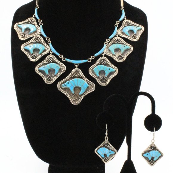 Stamped Derrick Cadman Navajo Sterling Silver Bear Inlaid Turquoise Necklace Set - Picture 4 of 11